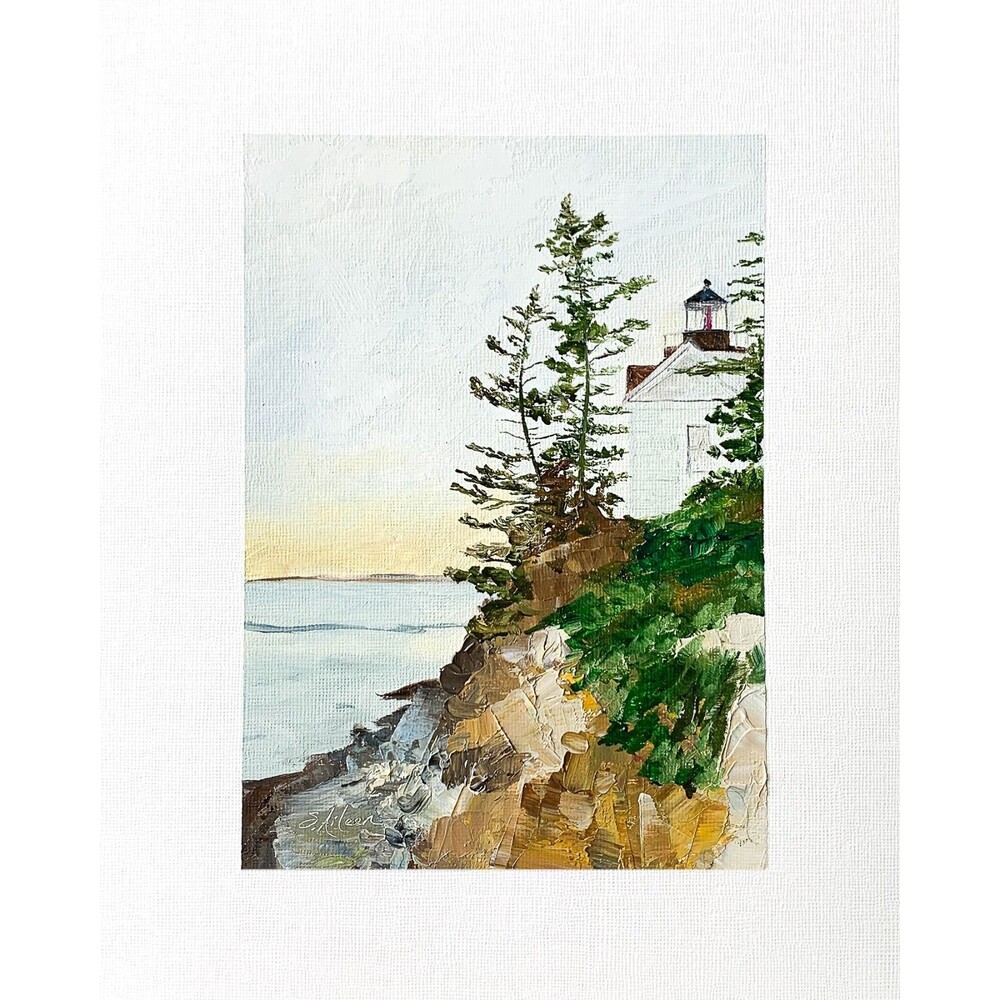 8x10 Maine Original Oil Painting Acadia Bass Harbor Lighthouse Seascape Signed